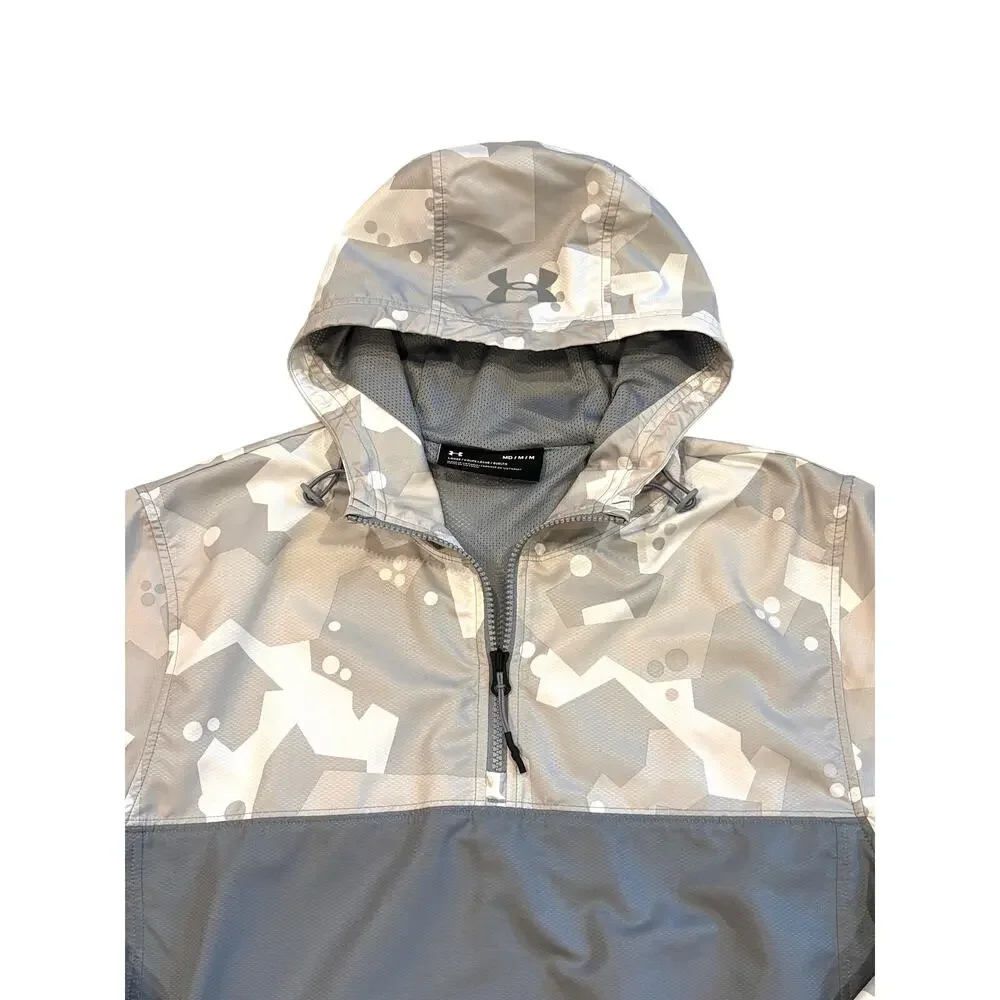Under Armour Windbreaker Mens Med Gray Camo Hooded Pullover 1/4 Zip Lightweight